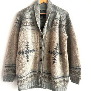 Eddie Bauer Legend Merino Wool Mohair Grey Beige Snowflake Cardigan M